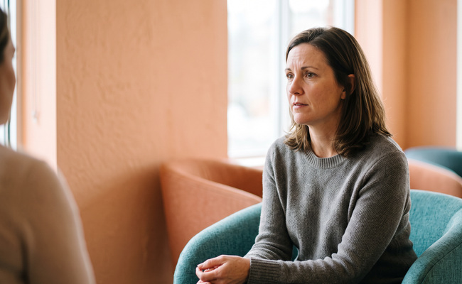 A person listens thoughtfully in a counseling-center lounge while considering what kind of help fits.