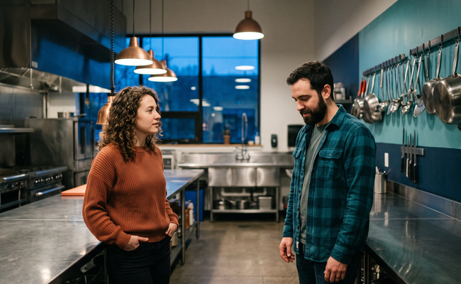 Two adults talk calmly in a community kitchen after a missed credit-card payment creates uncertainty.