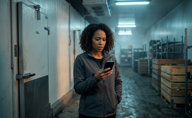A person holds a phone beside a closed insulated door after discovering an unexpected credit-card late fee.