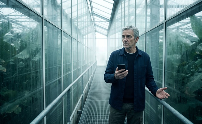 A person checks a phone on a glasshouse service walkway while confirming payment timing.