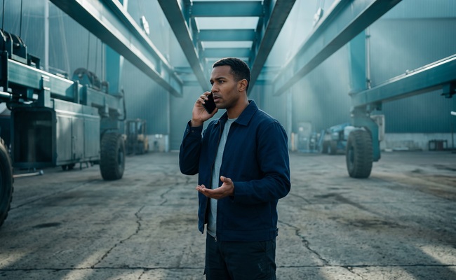A person makes a careful issuer phone call beneath an unmarked steel gantry in a dry boatyard.