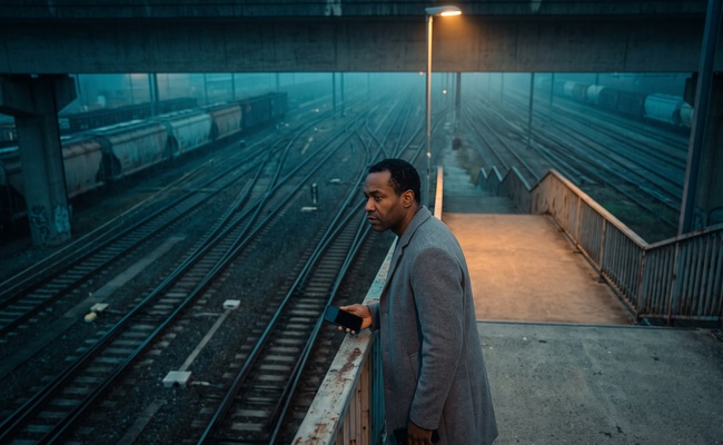 A person pauses on a pedestrian overpass after a difficult account conversation above freight rails at blue hour.