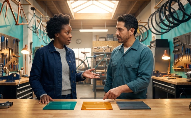 Two adults discuss three unmarked balance tiles while asking questions about credit card payment allocation.