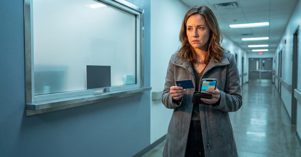 A person stands outside an emergency-room pharmacy while considering a credit card cash advance that may cost more than the cash received.