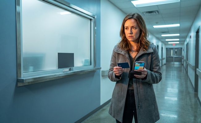 A person hovers over her phone outside a closed emergency-room pharmacy service window while weighing an urgent cash decision.