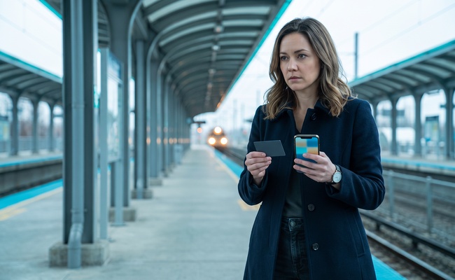 A person compares a plain card with an abstract phone on a commuter-rail platform while considering repayment timing.