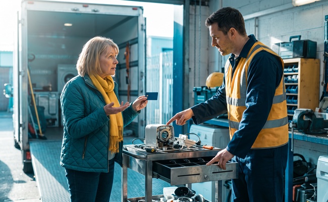 A person asks a repair technician how a card transaction might be classified beside an unbranded appliance.