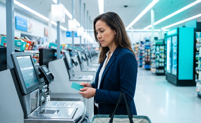 A person pauses at a grocery self-checkout lane with a reusable basket while considering a sustainable repayment plan.