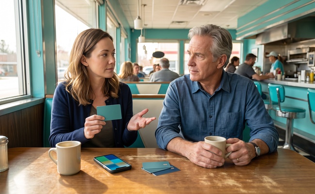 Two adults calmly discuss a convenience-check question across a diner booth with plain mugs and cards.