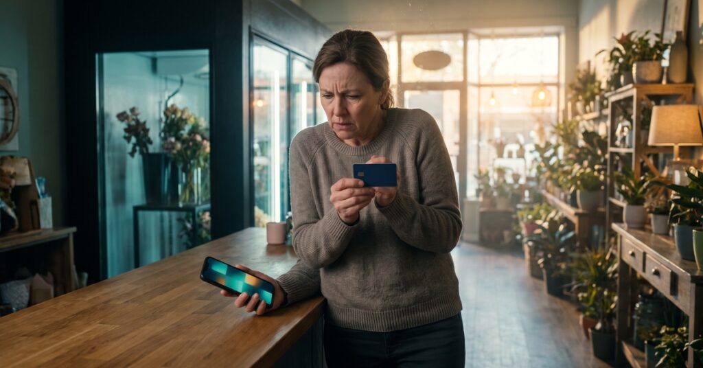 A person stands in an independent flower shop holding a plain card and phone after discovering a credit card annual fee that no longer feels justified.