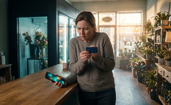 A person studies a plain card and abstract phone inside a flower shop after discovering a credit card annual fee that no longer feels justified.