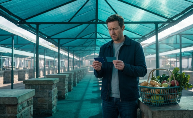 An adult person compares two plain cards beside a produce basket beneath an open-air market canopy while judging real benefits.