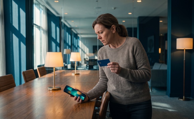 A person compares a plain card and abstract phone in a conference lounge while considering interest and a carried balance.
