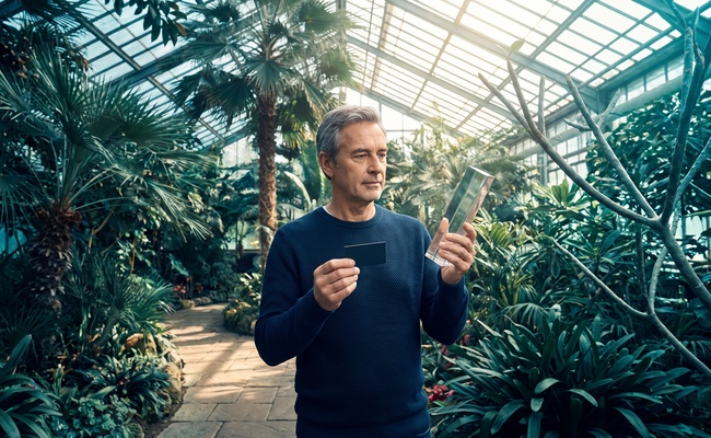 A person weighs a plain card and glass prism inside a bright botanical conservatory while considering a narrow benefit margin.