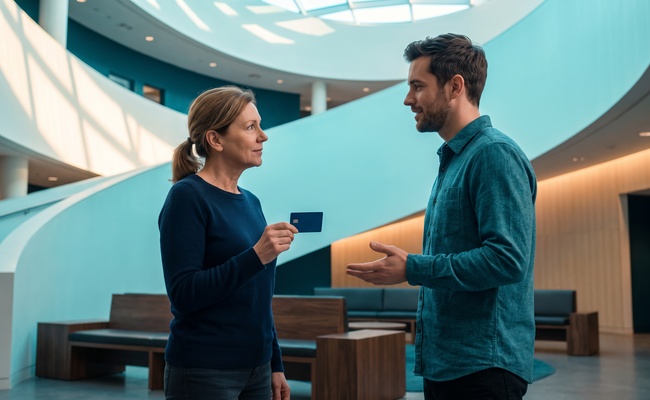 Two adults discuss a possible product change in a bright customer-service atrium while one holds a plain card.