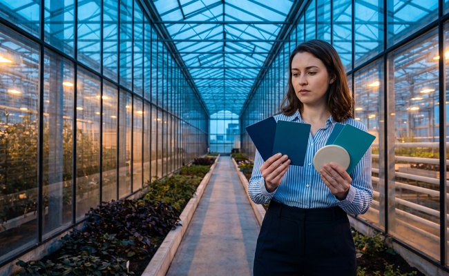 A person compares plain cards along a blue-hour greenhouse walkway while weighing whether to keep, change, or close an account.