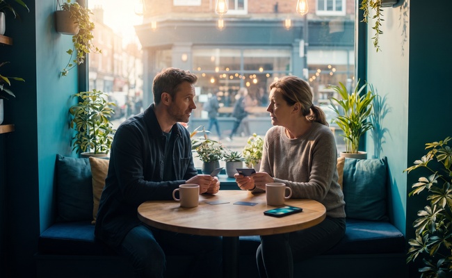 Two adults calmly discuss whether an old card still earns its annual fee across a cafe table with plain mugs and cards.