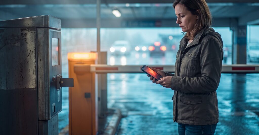 Susan reviews a credit card declined message beside an airport parking-exit payment terminal while checking the account through a verified channel.