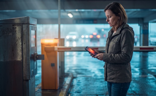 Susan stands beside an airport parking-exit payment terminal after a credit card declined message interrupts a necessary purchase.