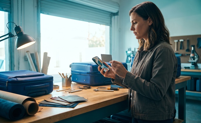 A person checks a plain card and phone in a luggage-repair workshop after payment timing contributes to a credit card declined transaction.