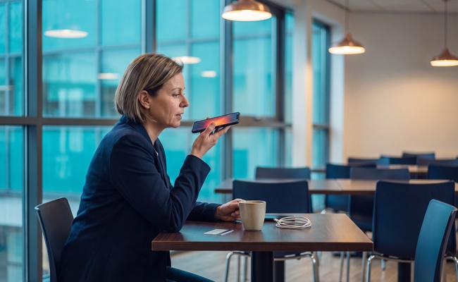 A person makes a verified issuer call in a community-college cafeteria after a credit card declined message.