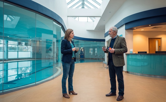 Two adults discuss what a credit card declined message means in an aquatic-center lobby.