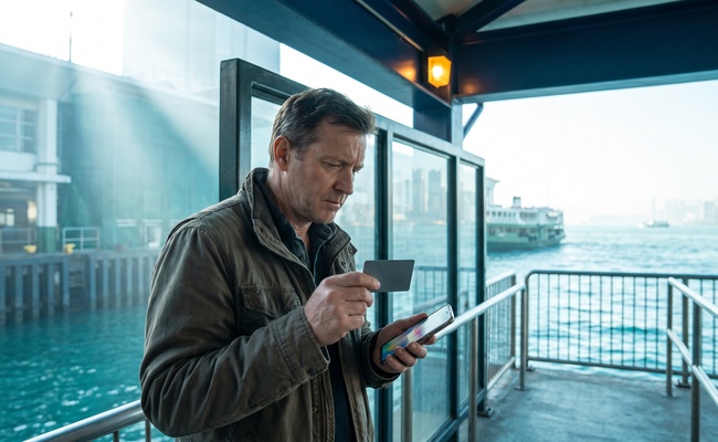 Adult person stands on a ferry terminal deck after learning a credit card account was closed, looking at a plain card and phone.