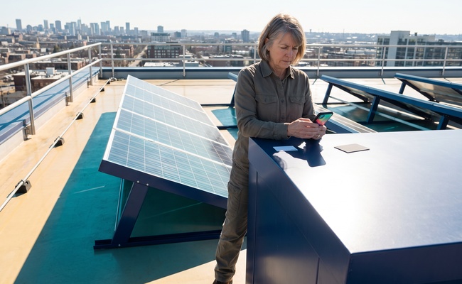 A person checks a plain card and phone on a bright rooftop solar maintenance deck while reviewing payment obligations.