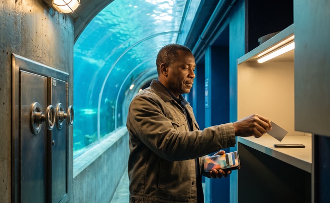 A person protects card access beside aquarium service equipment while checking an abstract phone.