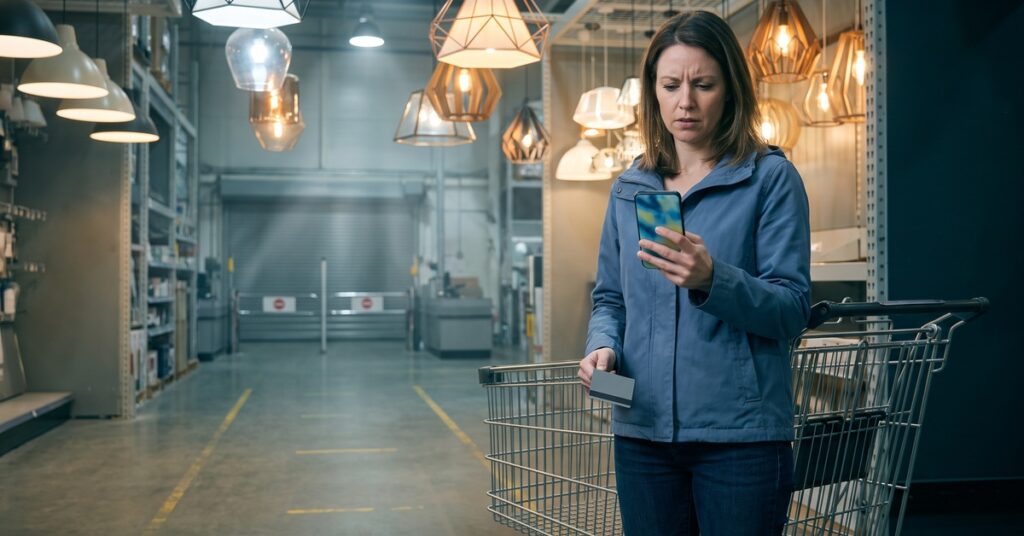 A person after her credit card limit was lowered, checking a plain card and phone beside an empty shopping cart in a bright lighting aisle.