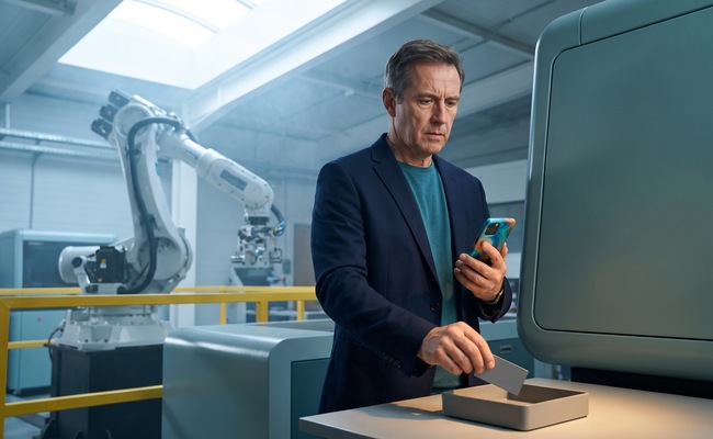 Adult person protects recurring payments after a credit card limit was lowered in a bright robotics laboratory.