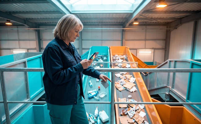 A person reviews account information after a credit card limit was lowered in a bright recycling-center mezzanine.