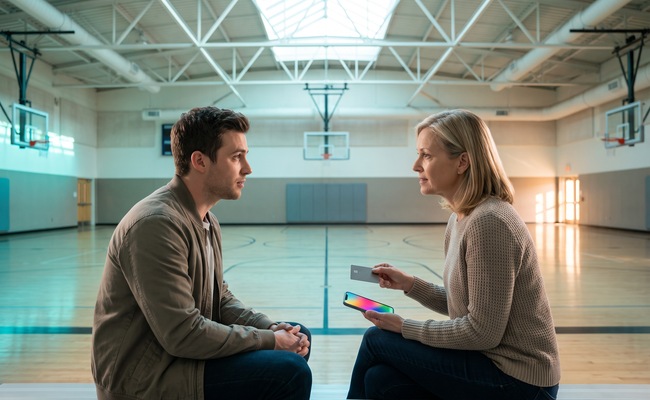 Two adults discuss next steps after a credit card limit was lowered in a bright community-center gymnasium.