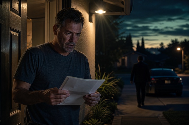 Worried man served with a debt collection lawsuit at his front door at dusk