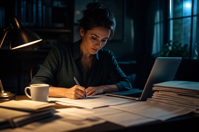 Person learning how to answer a summons for debt collection by drafting a written answer at a desk
