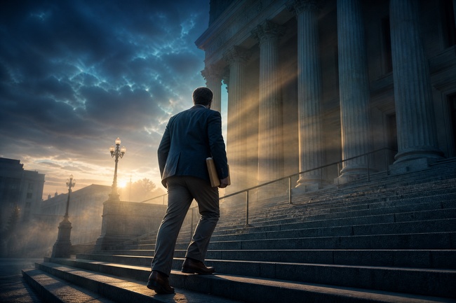 Determined person climbing courthouse steps to file an answer to a debt collection lawsuit