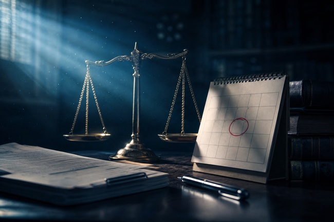 Scales of justice beside a calendar with a circled deadline to respond to a debt collection summons