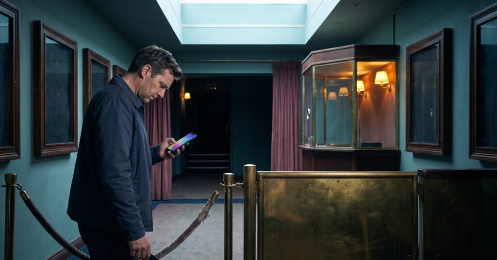 A person looks worried after realizing that a balance transfer expires while a balance remains in an independent cinema lobby.