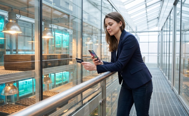 A person checks a plain card and abstract phone while finding when a balance transfer expires in a municipal seed-bank viewing gallery.