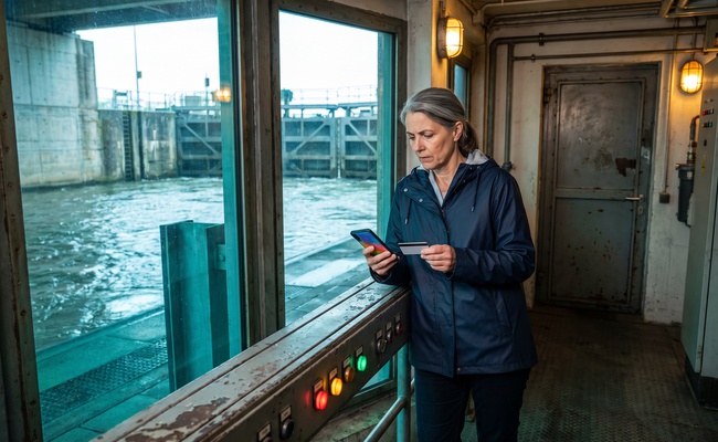 A person measures the remaining balance while preparing for a balance transfer expires deadline in a river-lock control chamber.
