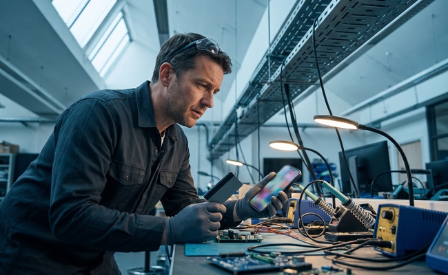 A person distinguishes 0% APR from deferred interest before a balance transfer expires in a community makerspace electronics bay.