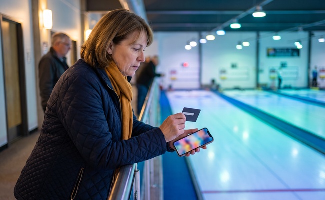 A person compares the first changed statement after a balance transfer expires in an indoor curling-club spectator bridge.