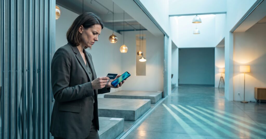 A person reviews how to stop recurring credit card charge activity after cancellation in an independent furniture showroom.