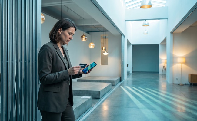 A person looks worried after a recurring credit card charge appears after cancellation in an independent furniture showroom.
