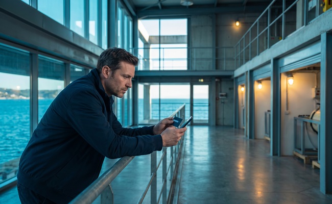 A person identifies the merchant behind a recurring credit card charge at a marine rescue center observation deck.