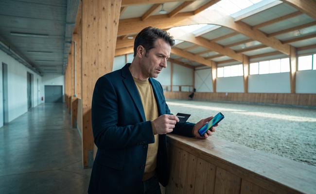 A person monitors a possible refund after a recurring credit card charge in an indoor equestrian arena.