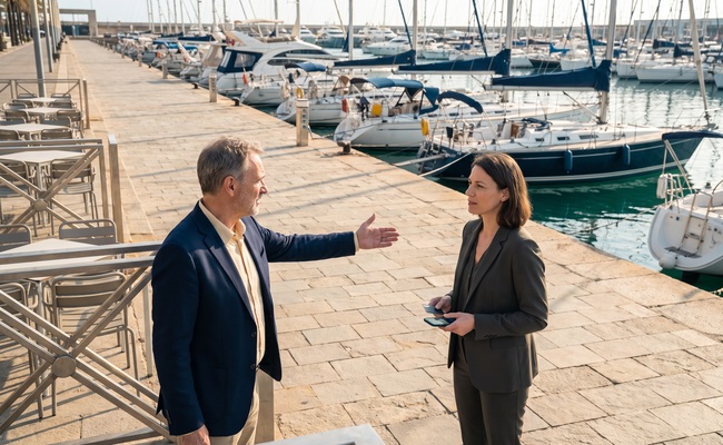 Two adults discuss what happens when a recurring credit card charge continues on an open-air marina cafe terrace.