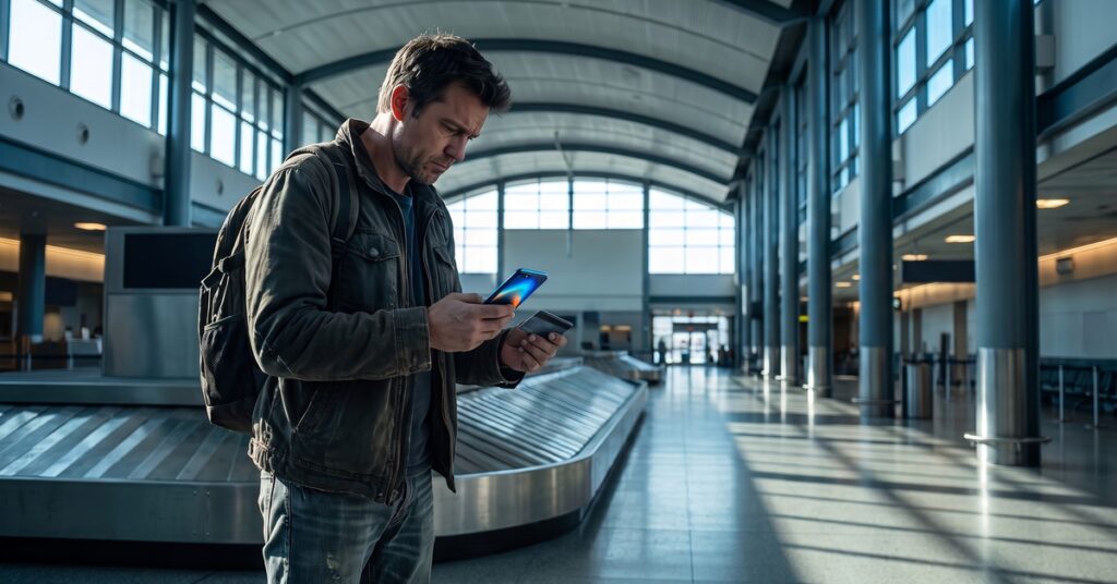 A worried adult person faces a dispute credit card billing error after finding a duplicate charge and a missing payment credit on his account.