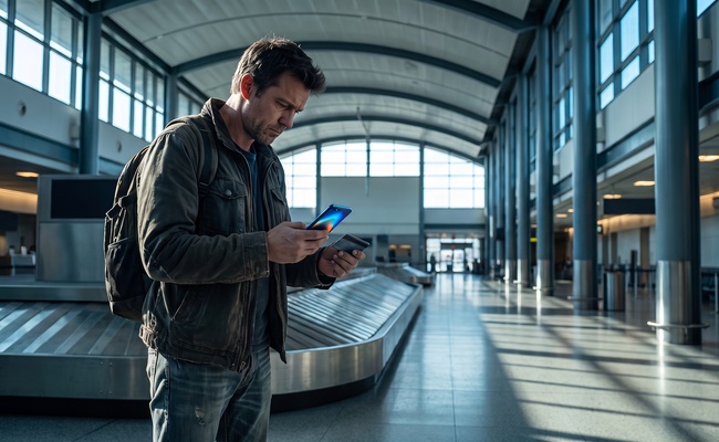 A worried adult person stands beside a stopped airport baggage carousel while checking an abstract phone and holding a plain card after a dispute credit card billing error.