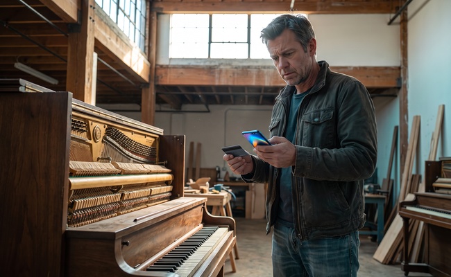 A person older adult person reconstructs a payment timeline beside a piano while holding an abstract phone and plain card before disputing a credit-card billing error.
